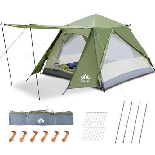 Dark green automatic two-person camping tent erected in a field, showing its small house style and compact dimensions.