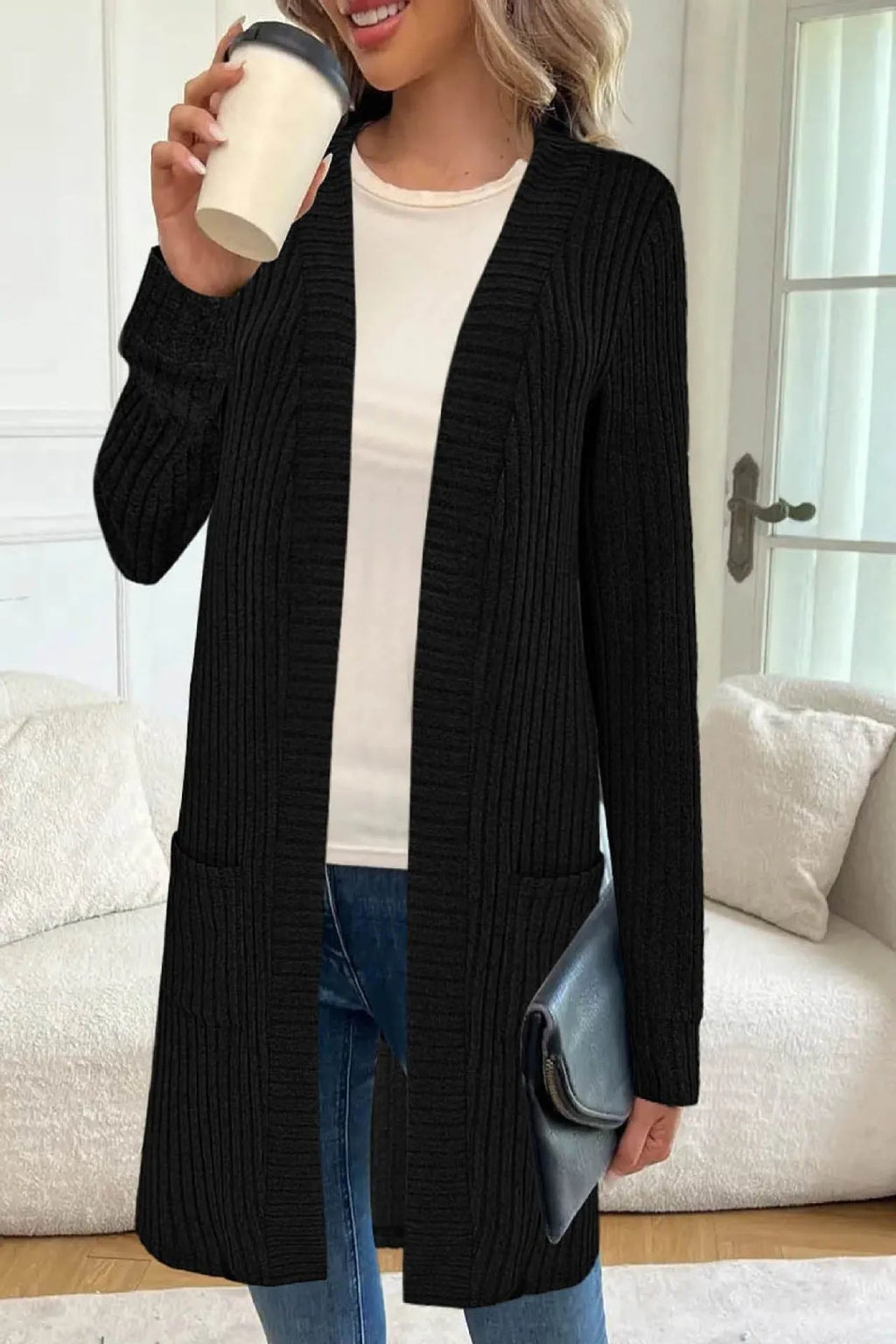 Long sleeve loose fit knitted cardigan jacket with pockets in black, wine red, or grey