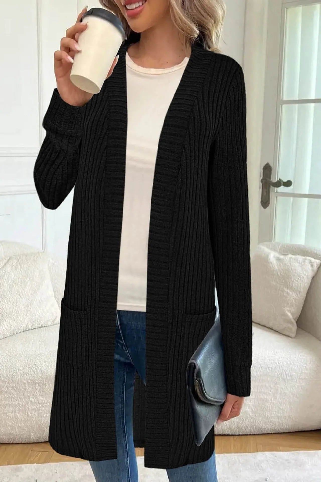 Long sleeve loose fit knitted cardigan jacket with pockets in black, wine red, or grey