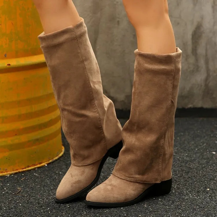 Chunky heel cowboy boot plus size unisex in artificial PU, mid calf length, brown colour