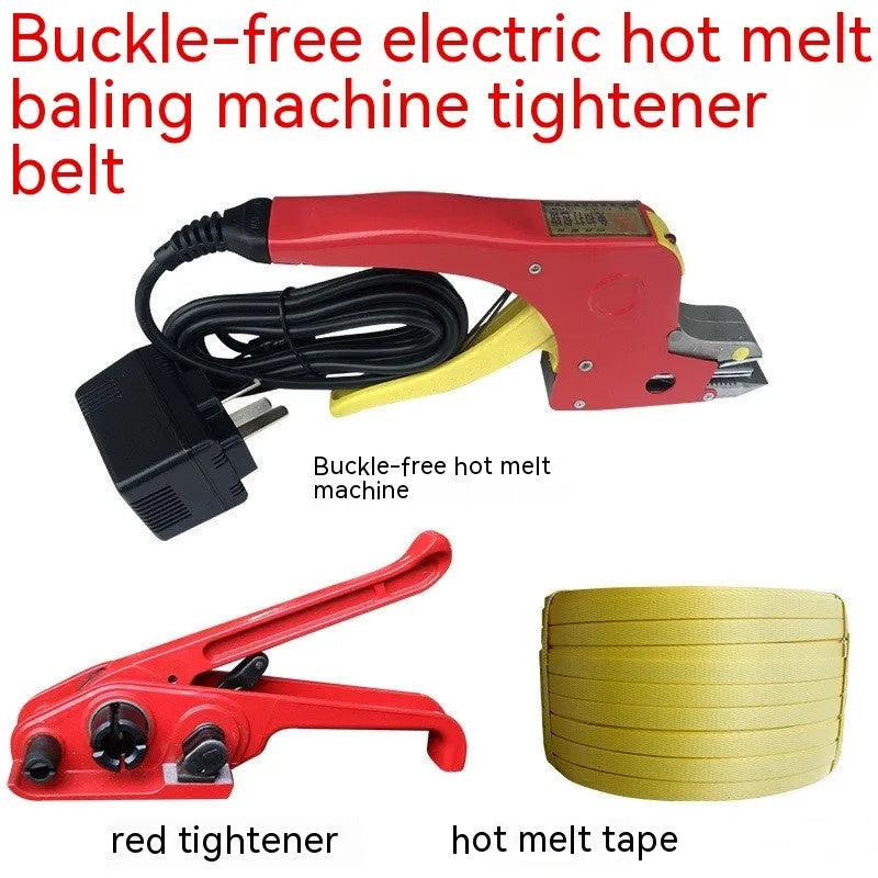 Portable electric hot melt packing machine with plastic steel tensioner and yellow packaging tape.