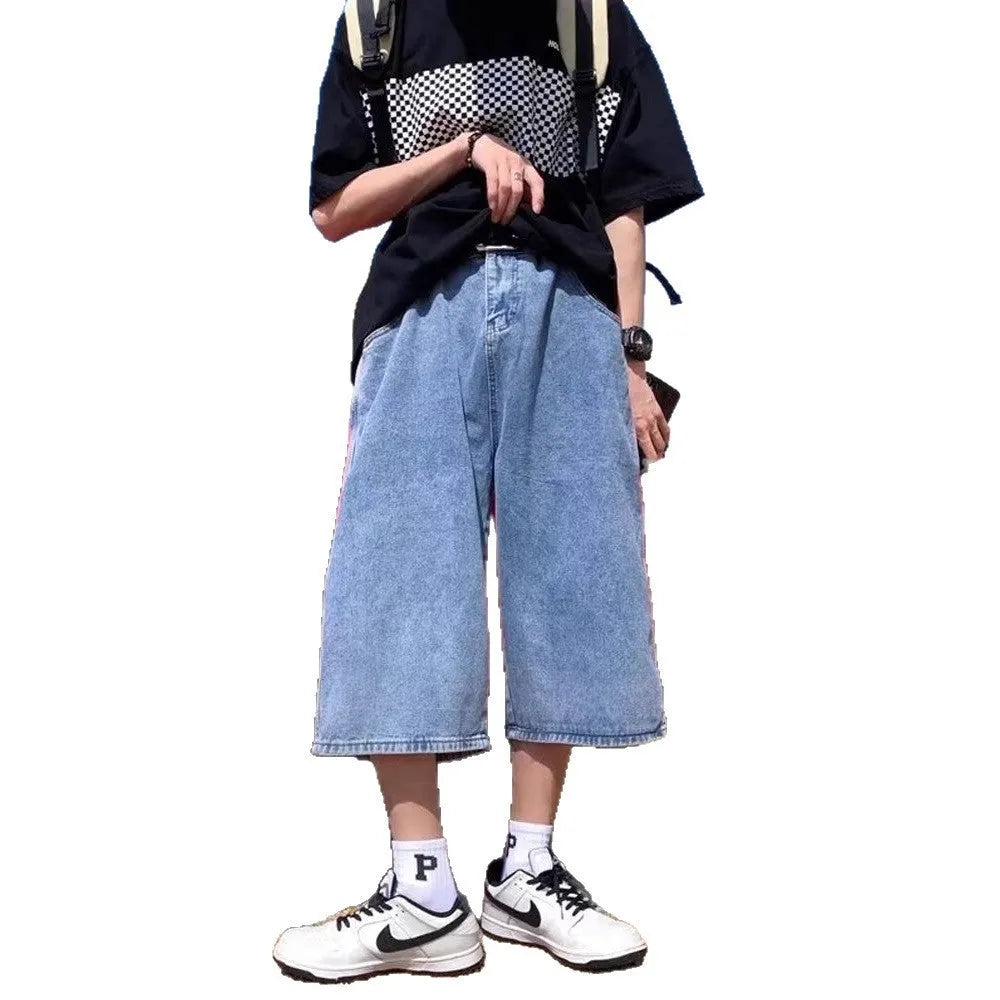 Blue men's washed denim pirate shorts with high waist and zipper fly.