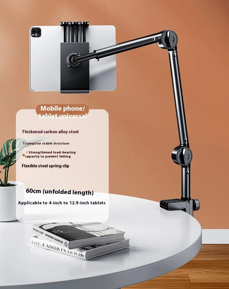 Alloy desktop bracket holding a mobile phone with adjustable arms for live streaming and shooting