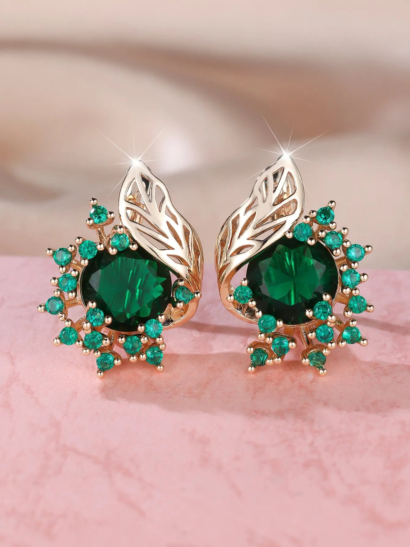 Round flower feather design zircon earrings in electroplated champagne gold with coloured stone options
