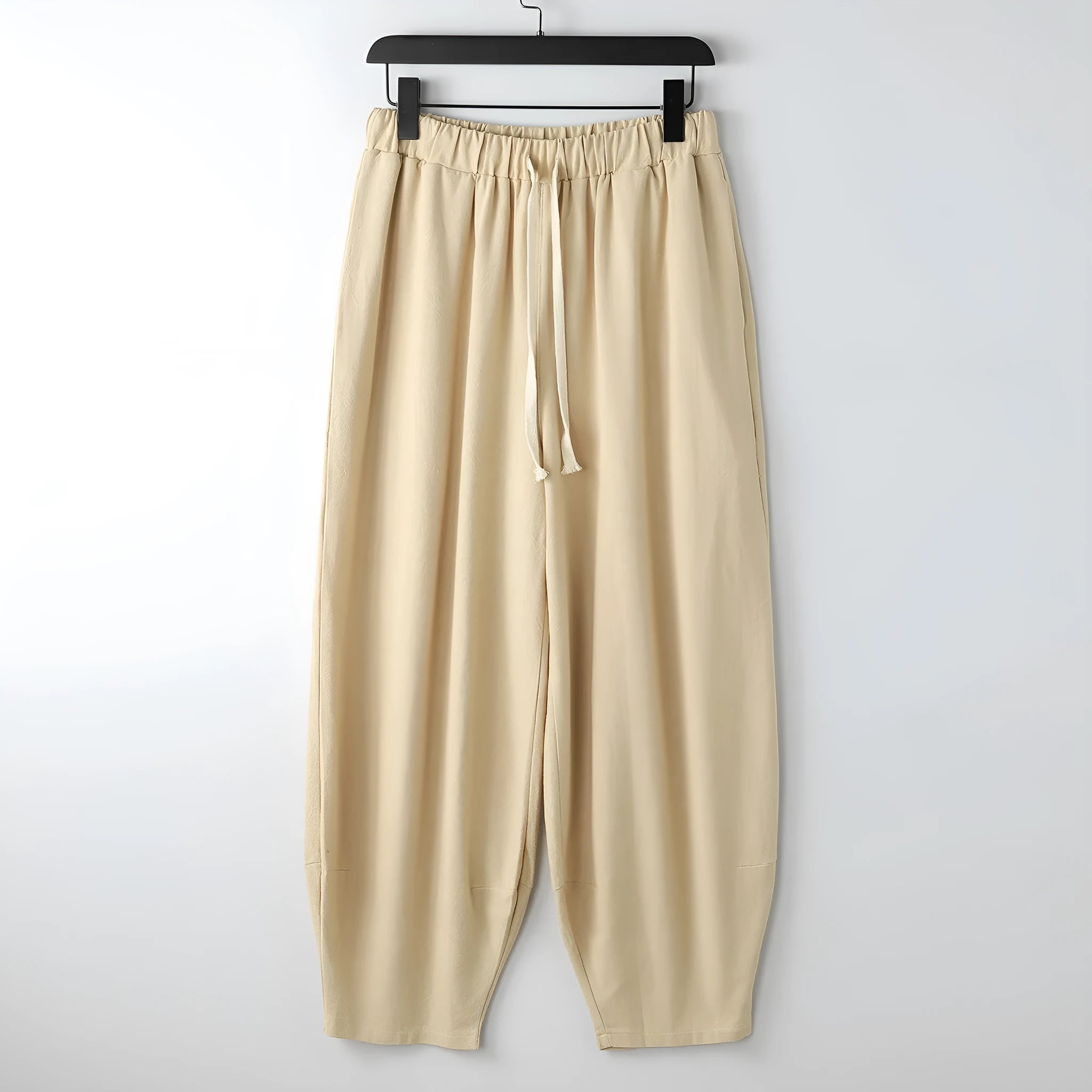 Linen harem pants for overweight men with ankle ties, elasticated waist, in khaki colour, size 3XL