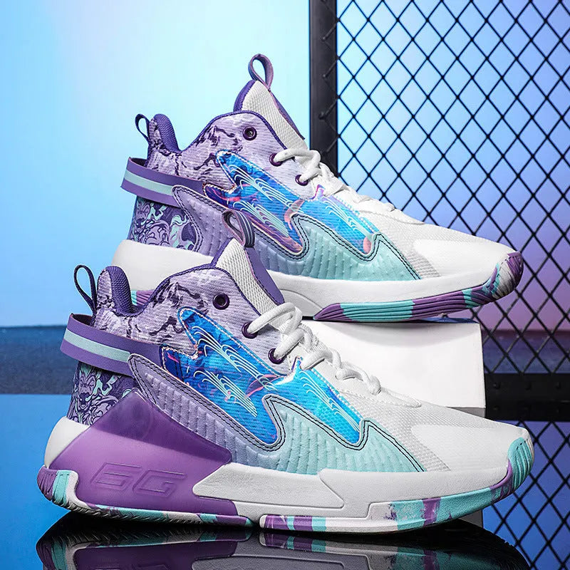 Luminous high-top basketball shoes with graffiti pattern, mesh upper, and rubber outsole available in various colours