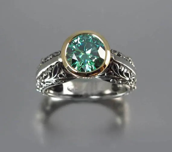Gold-plated flower-shaped vintage ring with green silver finish and gemstone accents