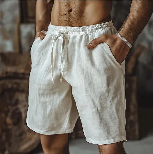 Men's straight-leg cotton linen casual shorts in grey, showing the British style and fit.