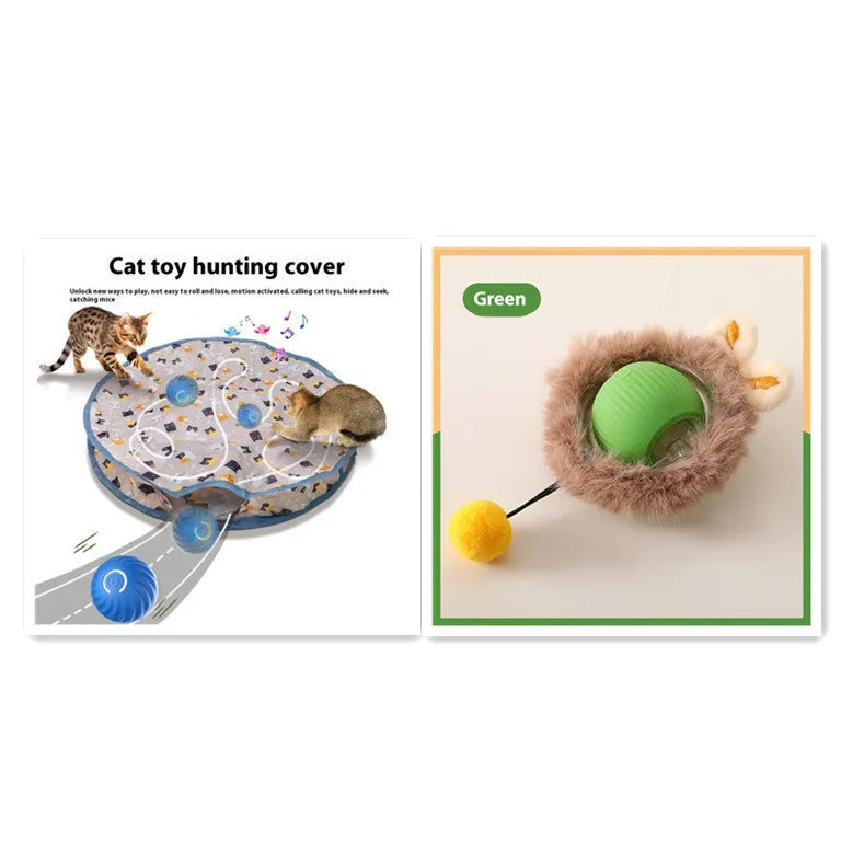 Silicone self-moving rolling ball cat toy in green, red, and grey colour options.