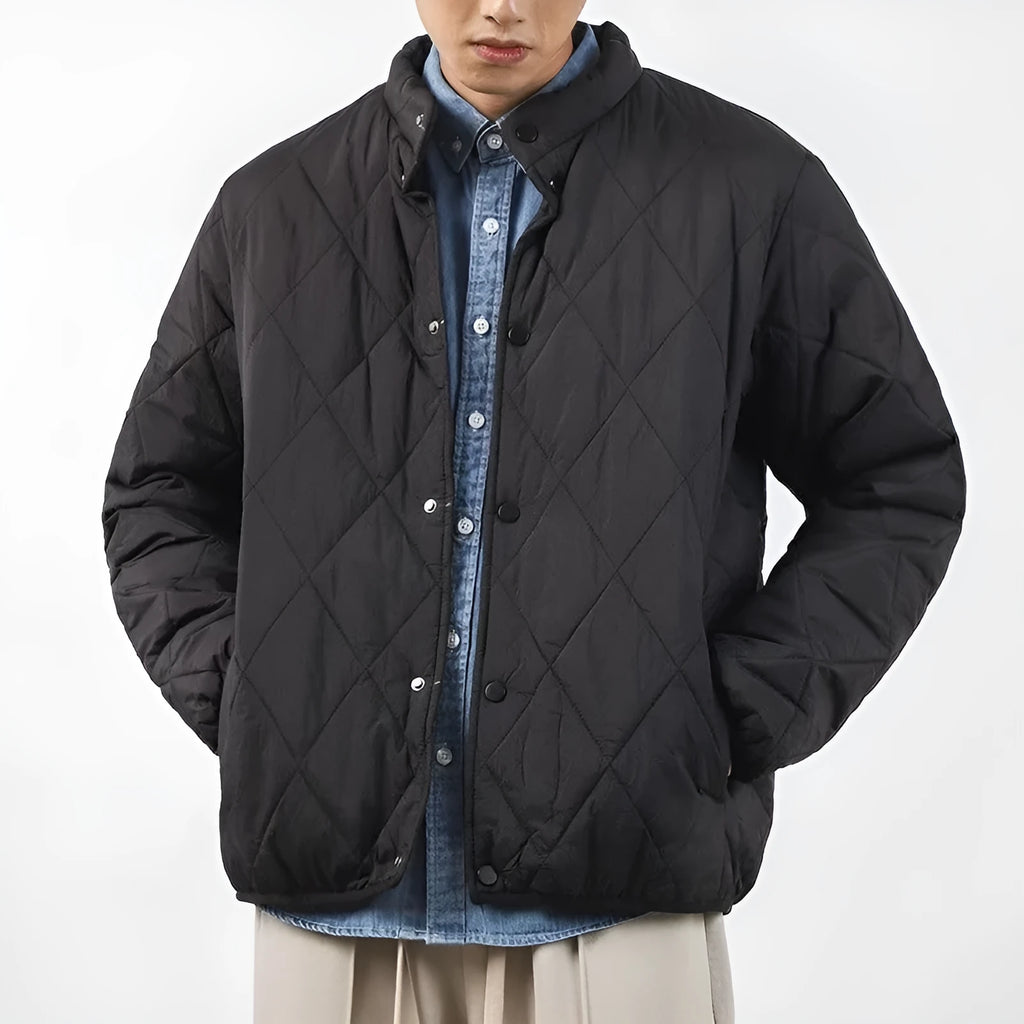 Men's black diamond lattice pattern cotton-padded winter jacket with a lengthened 100cm loose fit.