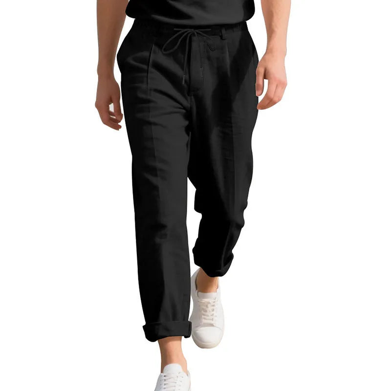 Men's linen trousers with drawstring waist in straight leg design showing army green colour option
