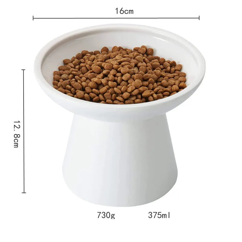 Blue ceramic elevated cat bowl with wide shallow dish and 12cm height for whisker-friendly feeding