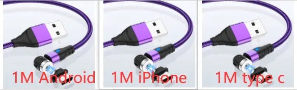 Black magnetic charging cable with LED diamond lamp, showing Android and Type-C magnetic connectors.