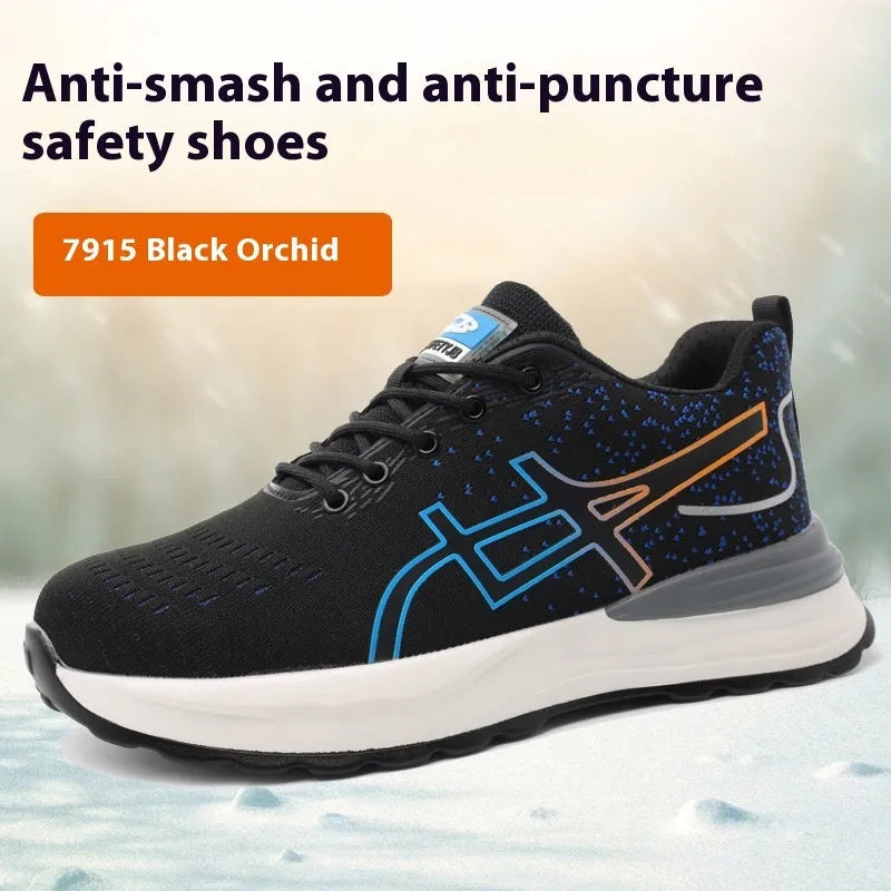 Brown leather steel toe cap safety work boots with a rubber sole on a work site background.