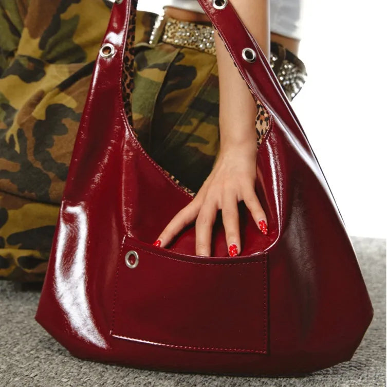 Red leopard print PU leather shoulder bag with two-side design and dumpling shape