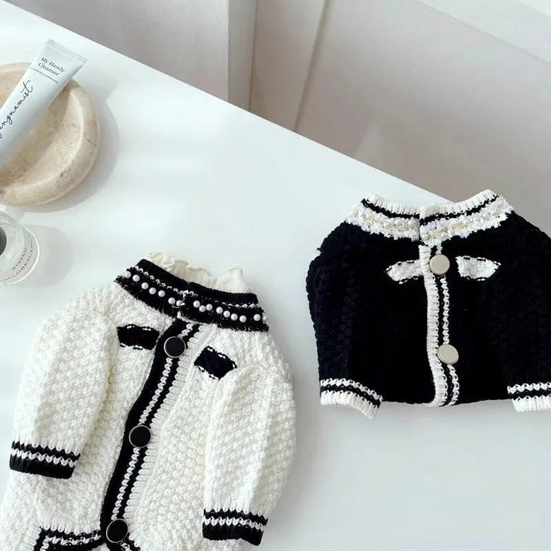 Korean style white dog sweater with pearl collar for small dogs showing princess design and size options