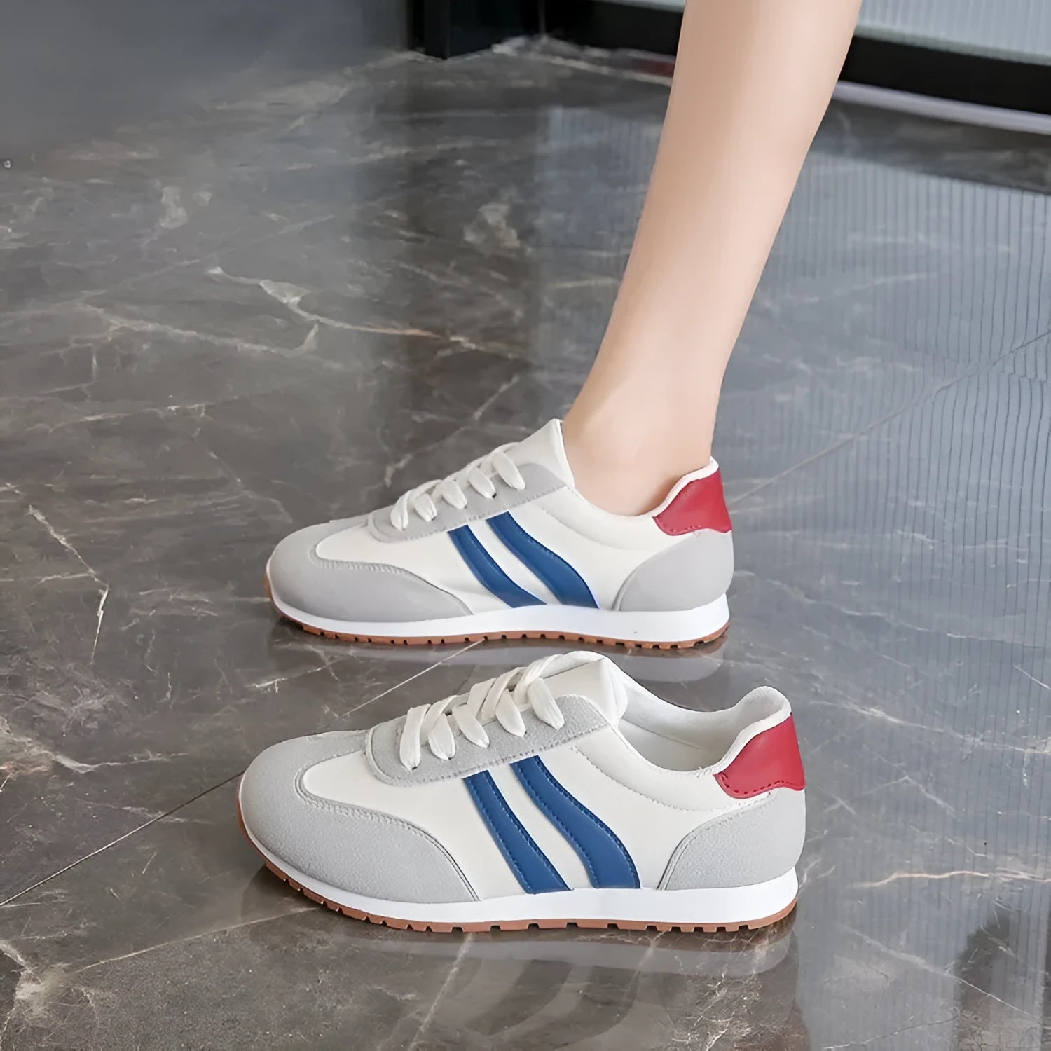 Blue and grey stripe sports shoes with rubber soles and round toe design