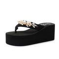 Women's high-heeled flip-flops in black and beige with cotton cloth uppers