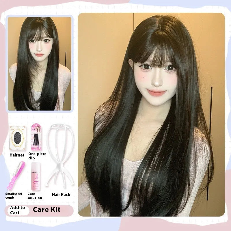Dark brown long straight women's wig with bangs on wig head