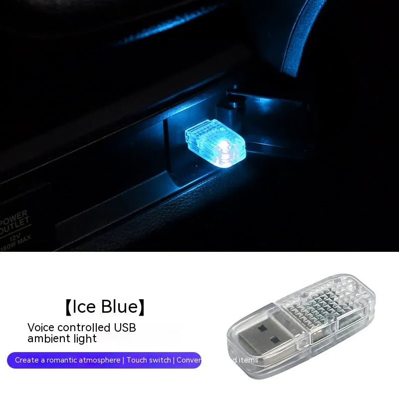 Multi-function car USB atmosphere light with touch switch and RGB voice control on a car dashboard