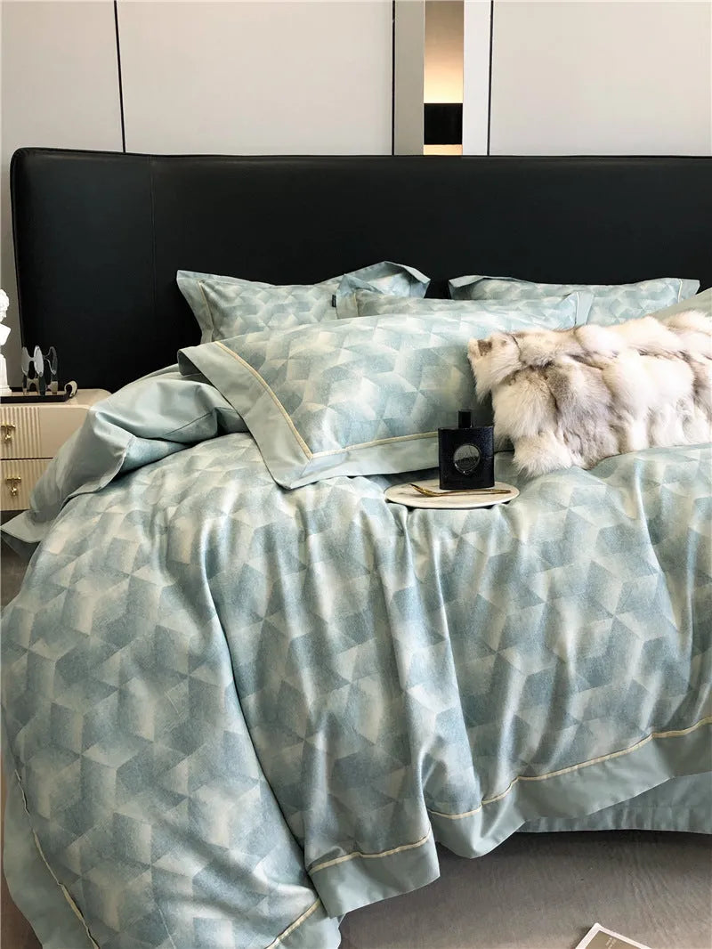 Long-staple cotton printed four-piece bedding set with geometric pattern, sanded fabric, digital print, European classical style