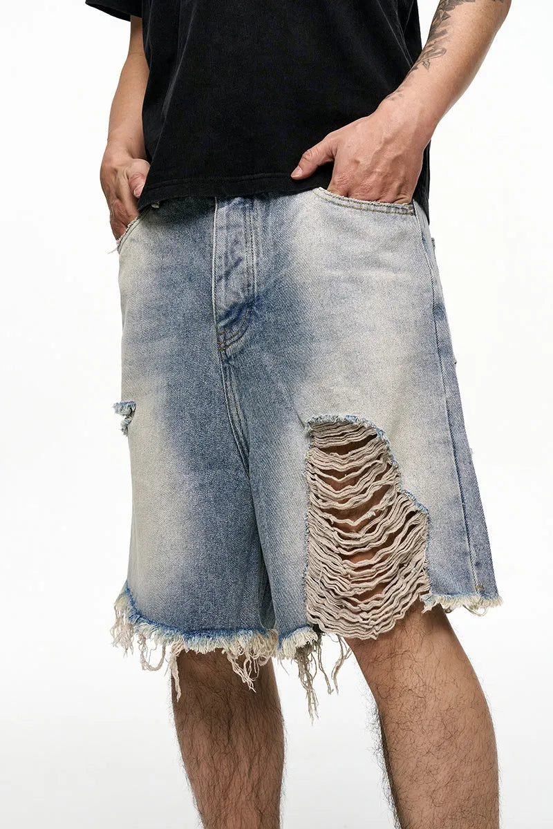 Light blue washed denim shorts with wide leg baggy fit and mid waist design