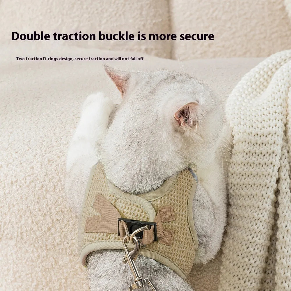 Brown waffle weave cloth cat harness and lead set shown on a size chart