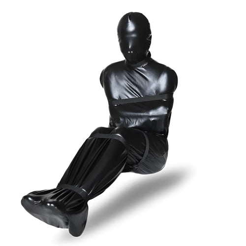 Black patent leather bondage set showing full-coverage body wrap and six ratchet tie-down straps
