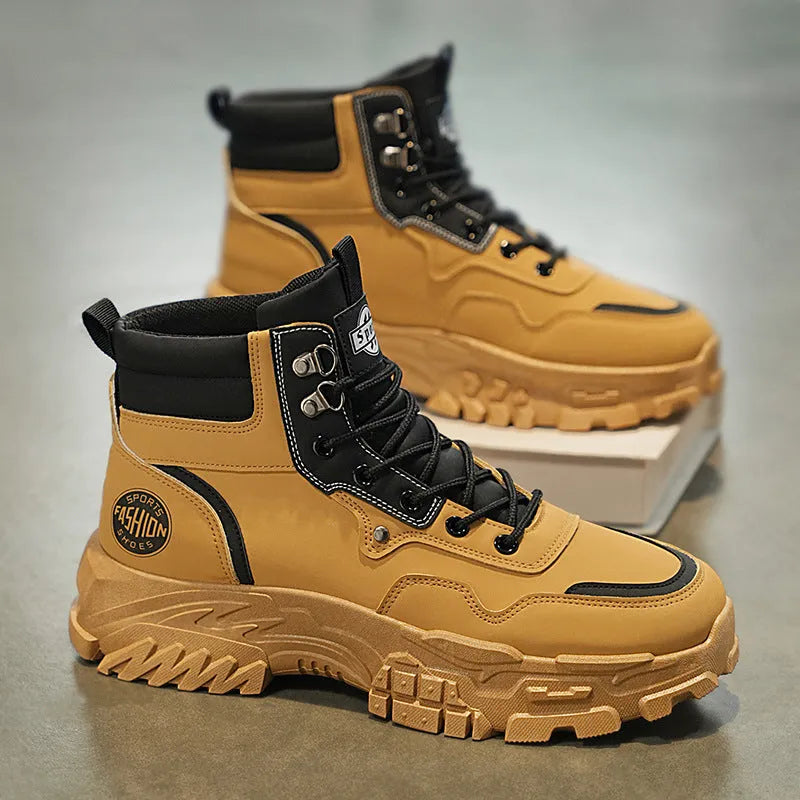Men's black and yellow Martin boots with a mid-heel and high-top calf length.