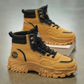 Men's black and yellow Martin boots with a mid-heel and high-top calf length.