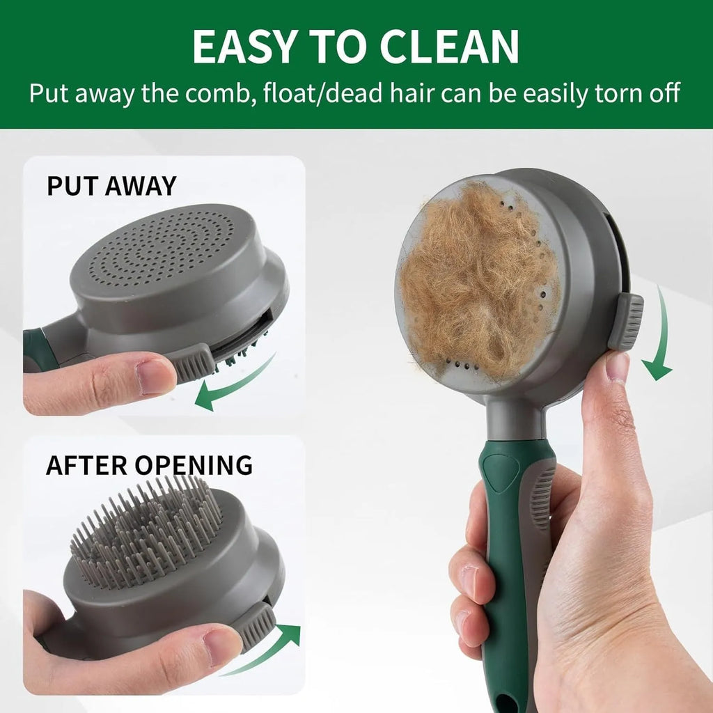 Two-sided silicone cat brush with green handle, showing slicker brush and massage sides