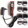 Cordless hair clipper set with stainless steel cutter head, shown with EU, UK, and US plug options.