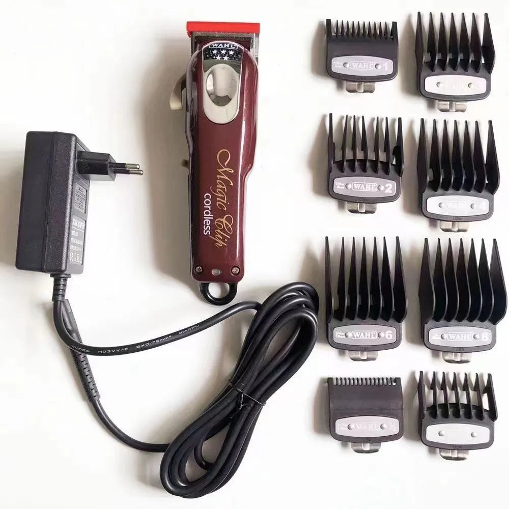 Cordless hair clipper set with stainless steel cutter head, shown with EU, UK, and US plug options.