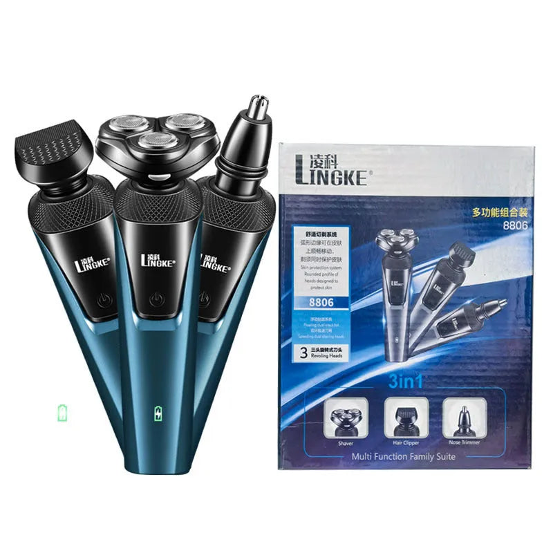 Three-in-one men's electric shaver in blue with USB charging cable