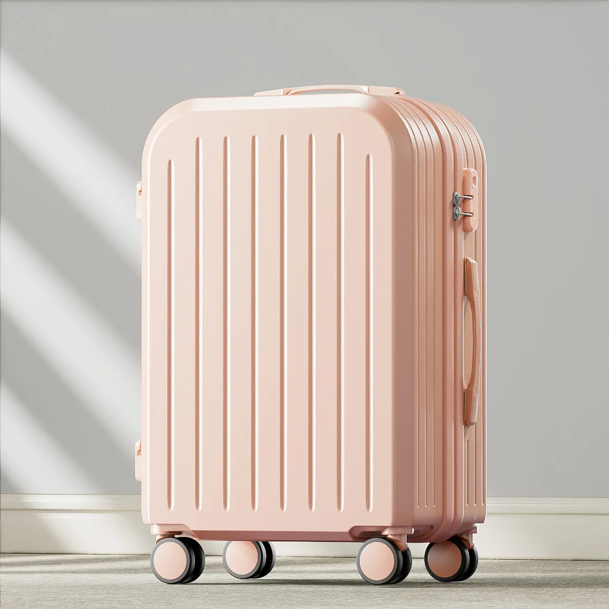 Small lightweight password suitcase trolley case with striped pattern and universal wheels in multiple colours