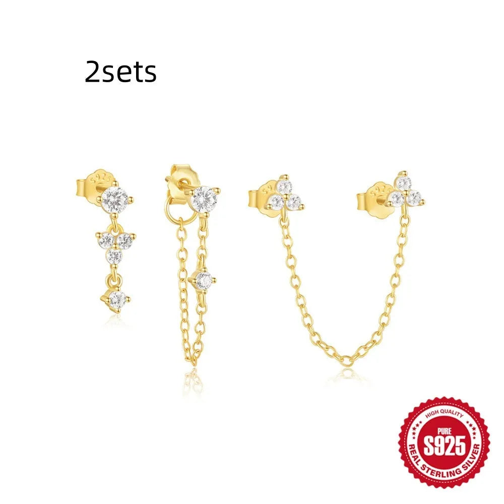 S925 sterling silver geometric zircon tassel earring set with three pairs showing different gold-plated colour variants
