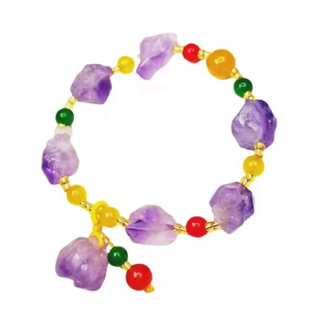Women's amethyst bead bracelet with fu character charm and natural shaped beads