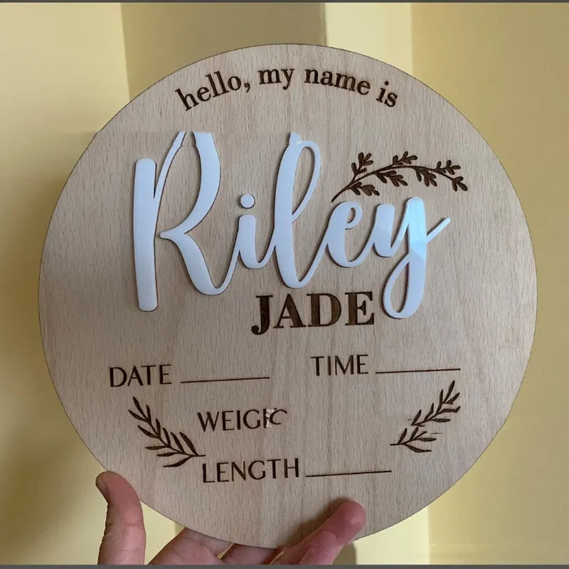 Square wooden baby name plaque with birth information display