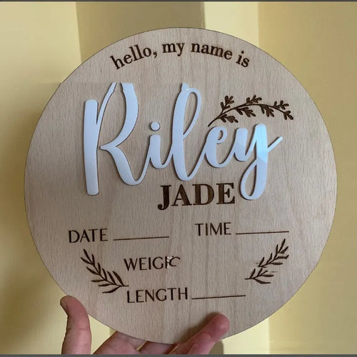 Square wooden baby name plaque with birth information display