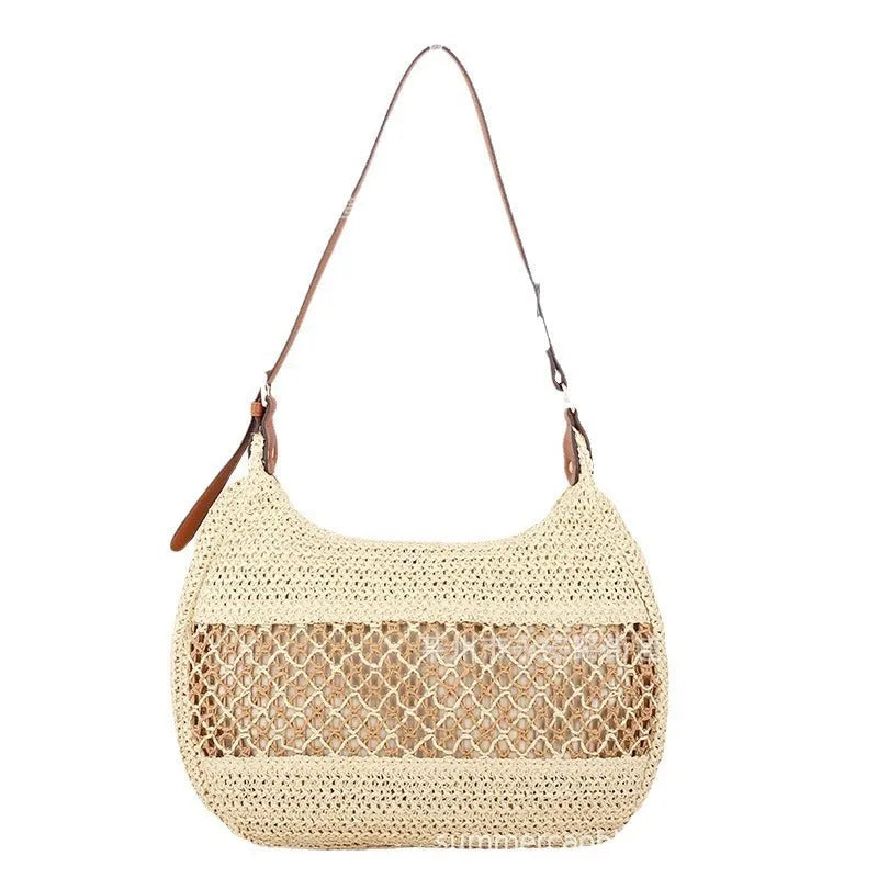 Women's straw crossbody bag in khaki colour with sandwich pocket compartment