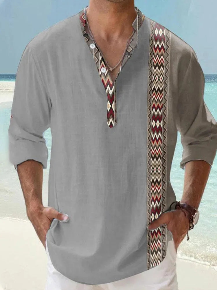 Thin striped long sleeve Hawaiian-style shirt in a digital bamboo linen pattern.
