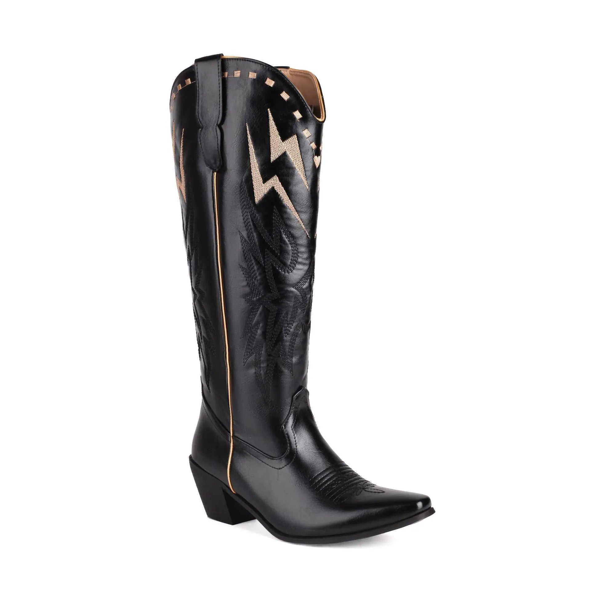 Women's black knee-high boots with lightning embroidery pattern, chunky heel, and square toe on a white background