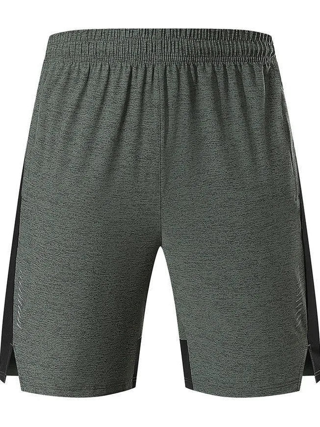 Men's forest green spandex five-point casual shorts with a mid waist on a hanger.
