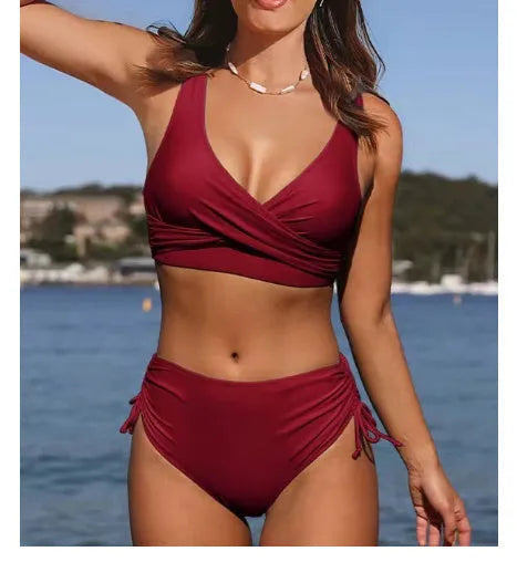 Women's cross-strap swimsuit bikini in solid colour nylon fabric with briefs style