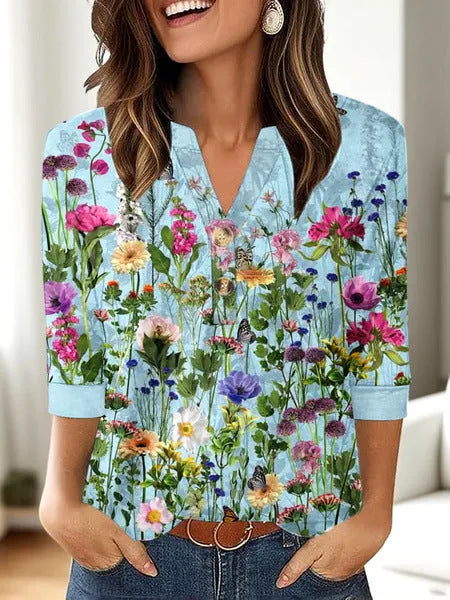 Women's casual V-neck top with 3D printed pattern in loose Japanese Korean style