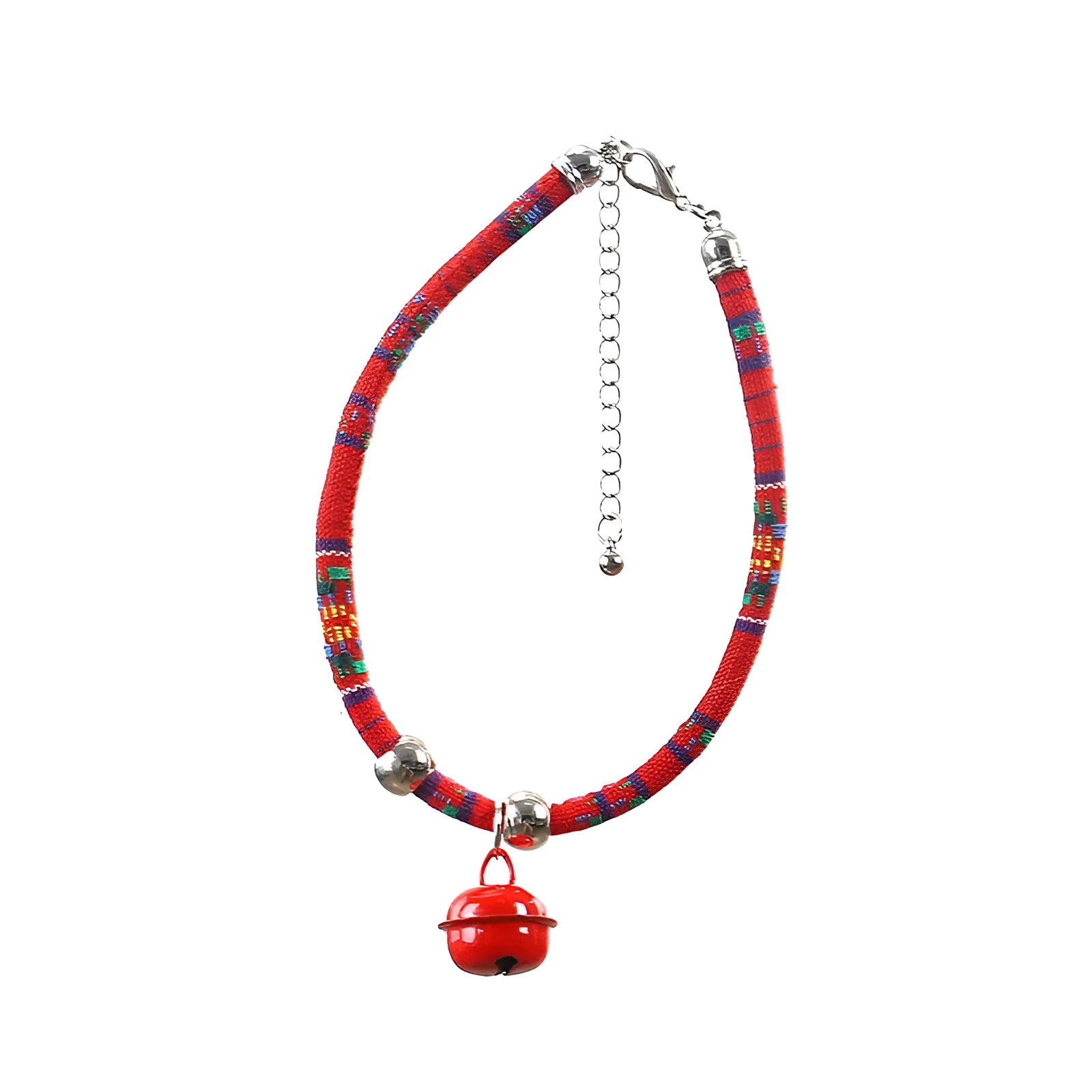 Adjustable pet collar with bell in ethnic pattern, showing colour options: black, blue, pink, red, white.