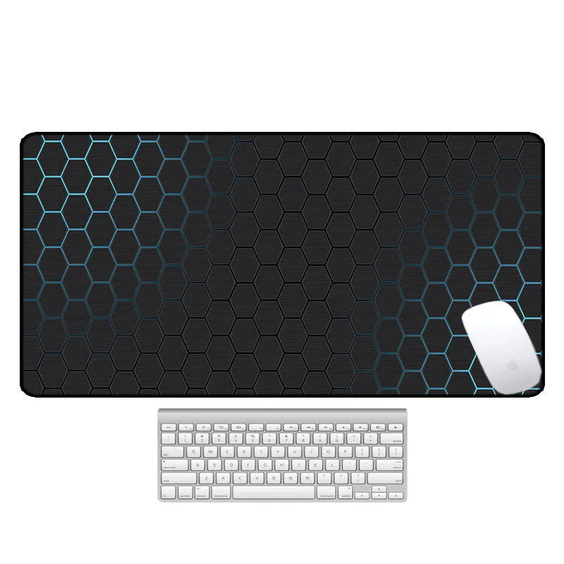 Large natural rubber desk mat with printed pattern, shown on a desk with keyboard and mouse.