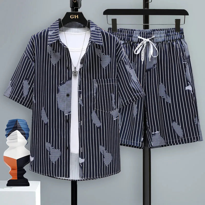 Men's casual sports shorts two-piece set with short sleeve top and matching polyester shorts