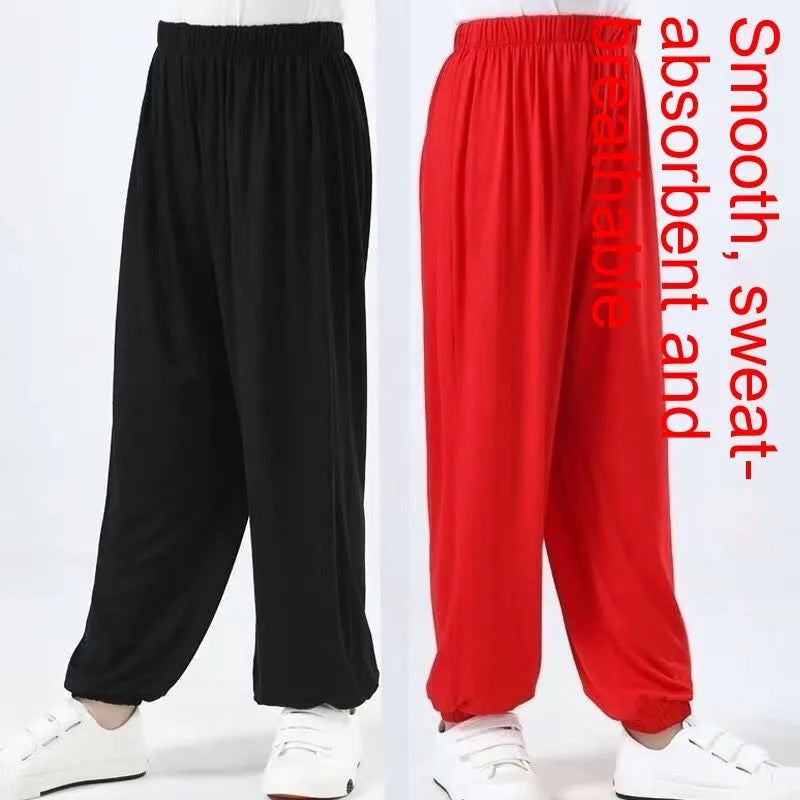 Children's black high-elasticity Lycra practice pants for Sanda martial arts training.