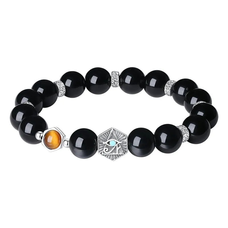 Men's God's Eye obsidian bracelet in S925 sterling silver with 8mm geometric beads